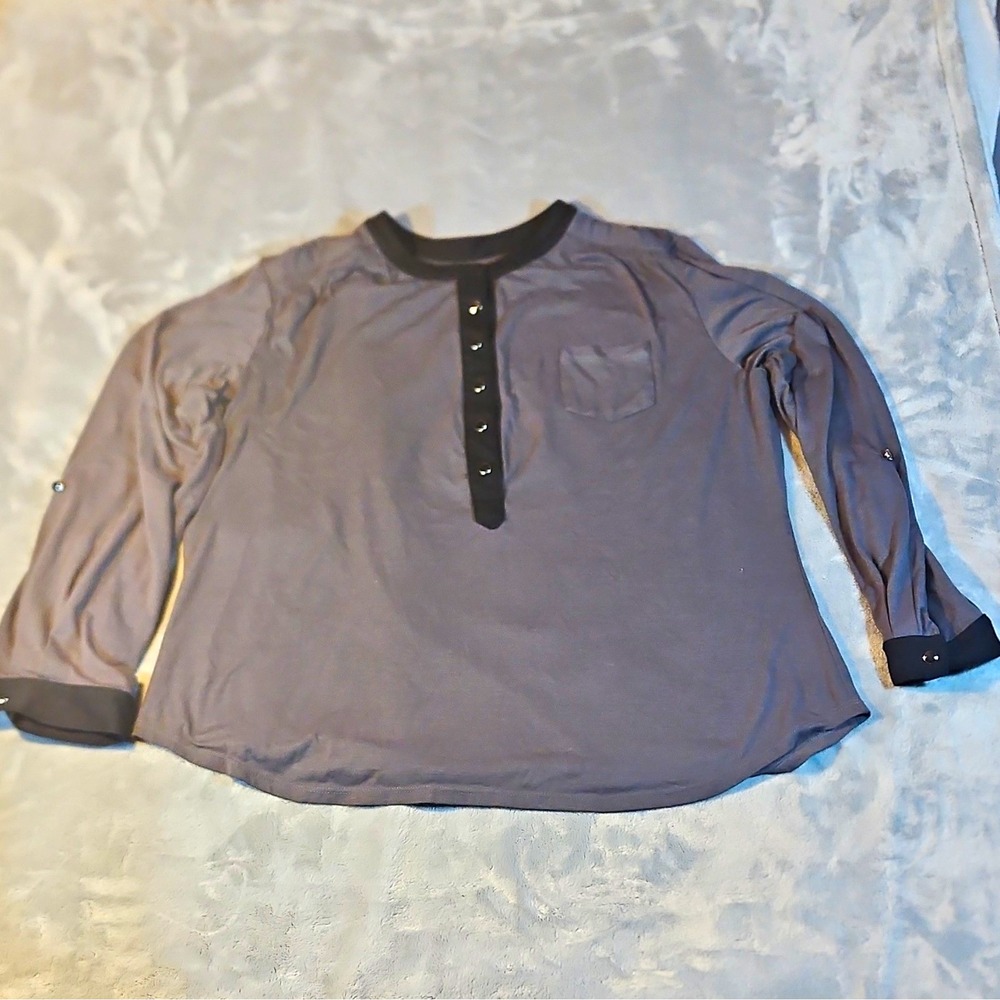 Notations Button-Up Shirt Band Collar Long Sleeve XL Gray Black Solid Knit